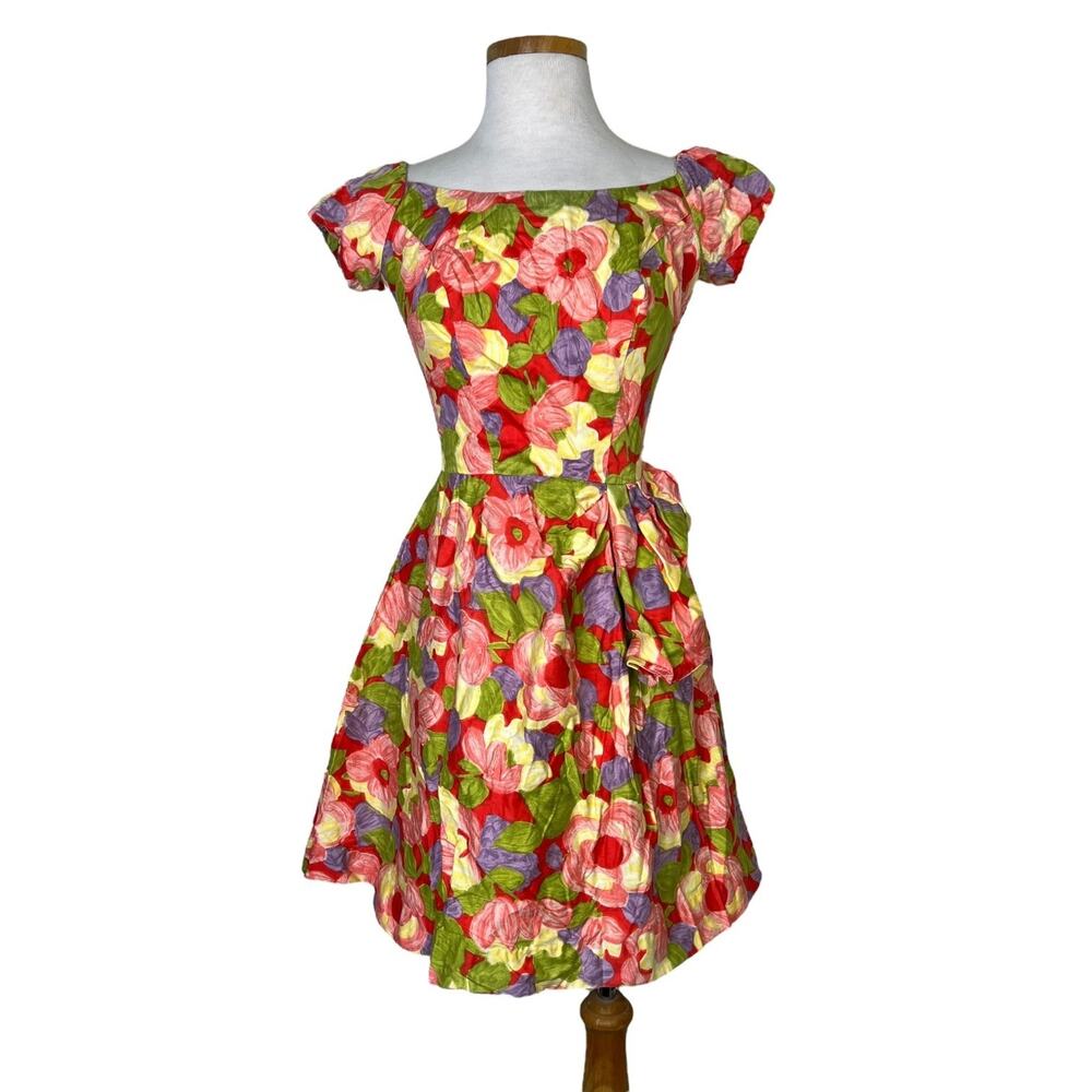 Vintage 60s Kamehameha Hawaiian Dress Floral Fit & Flare Cap Sleeve Womens XS